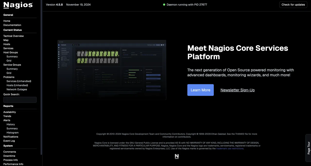 Access the Nagios web monitoring dashboard interface