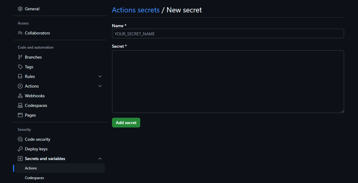 Setup a GitHub Action Secret
