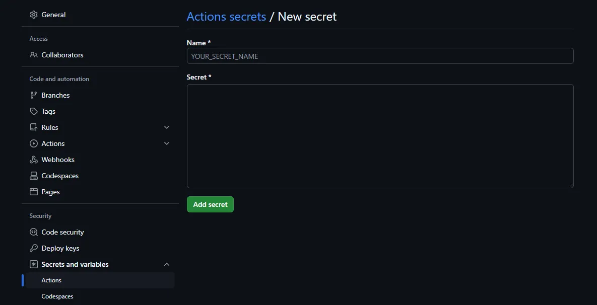 Setup a GitHub Action Secret