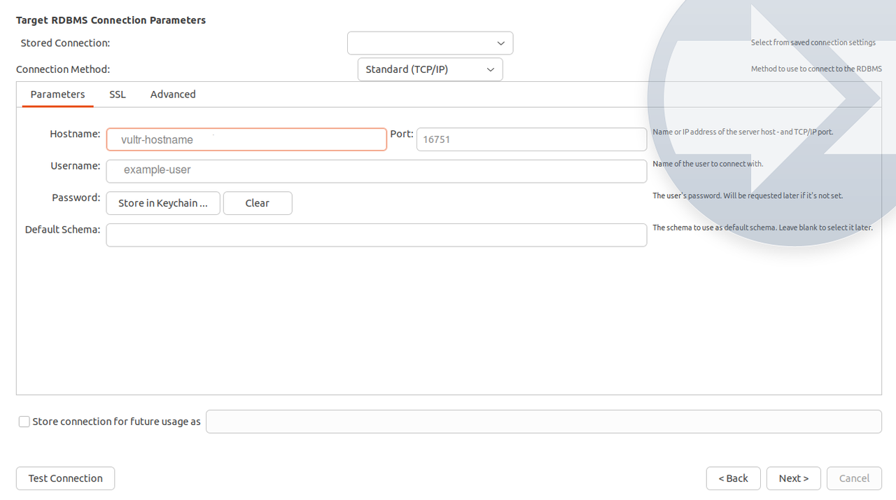 Specify target database connection details