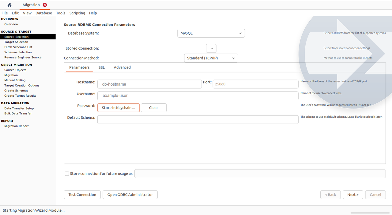 Specify source database connection details