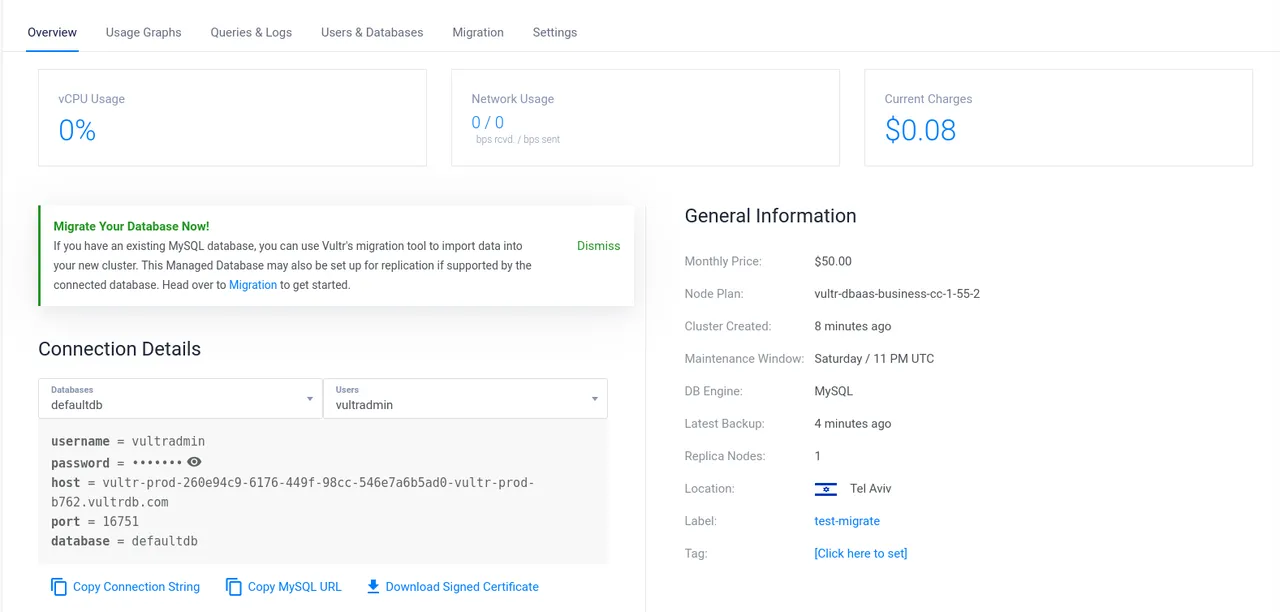 Verify Vultr database credentials