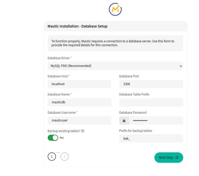 Mautic database setup