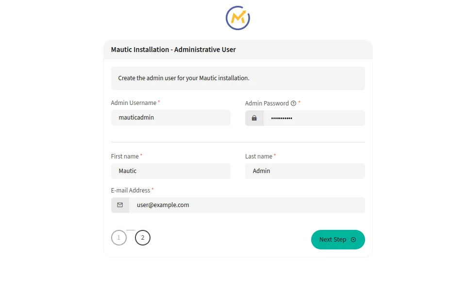 Mautic setup admin user