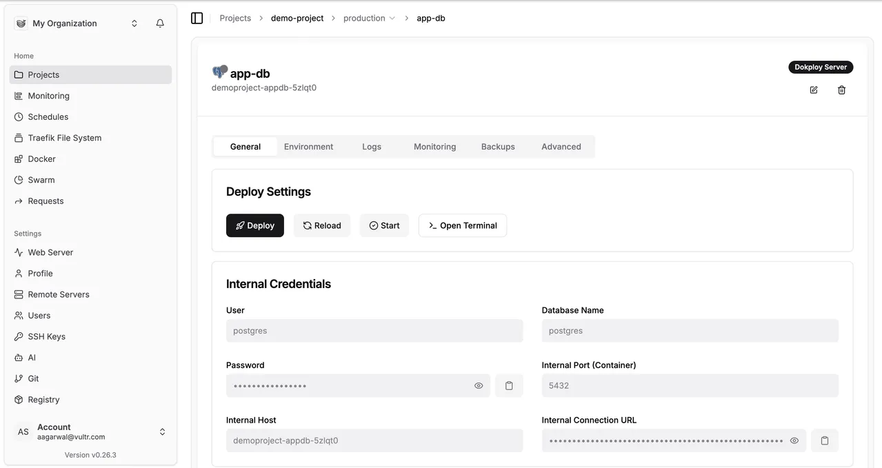 Dokploy PostgreSQL internal and external credentials
