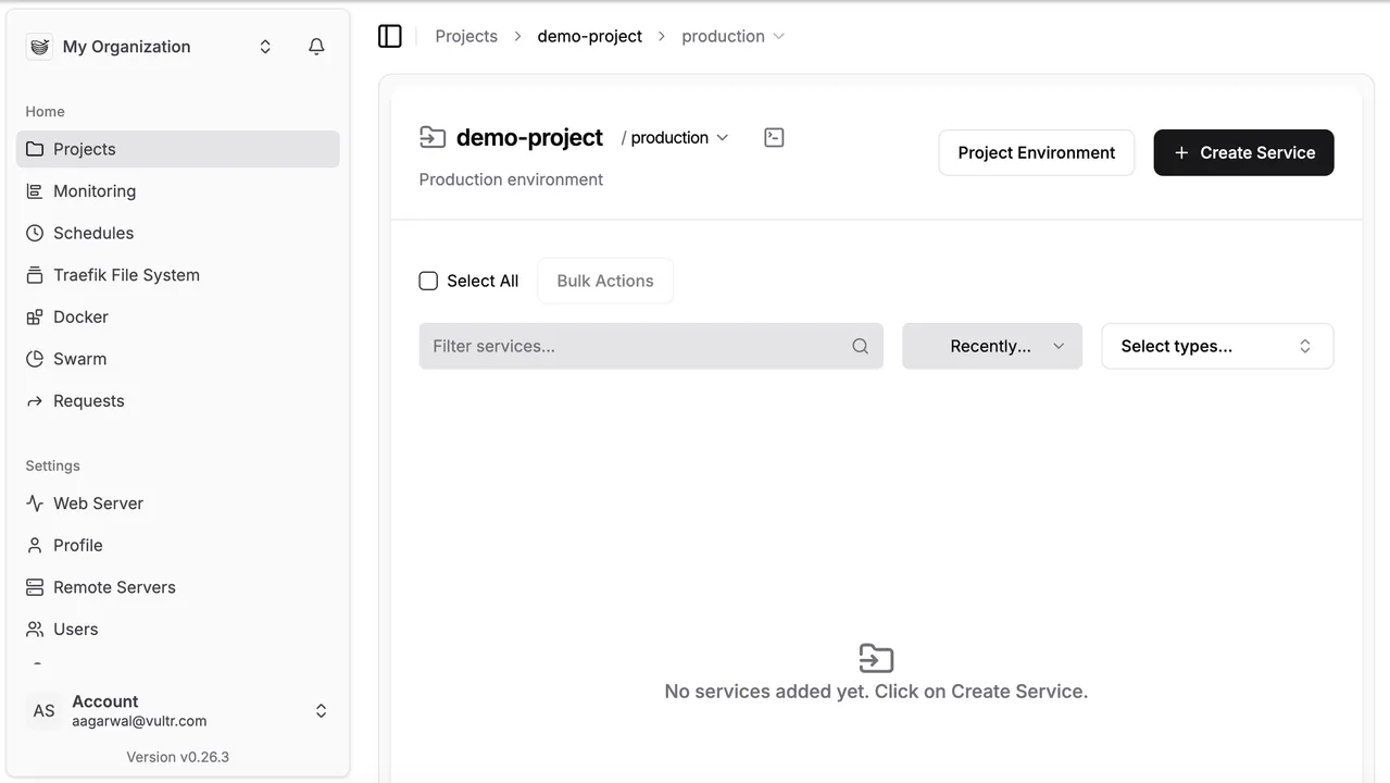 Dokploy create service menu showing Application option