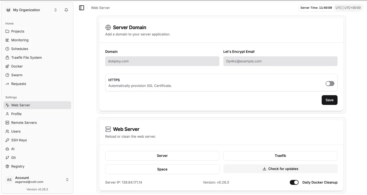 Dokploy settings page showing Web Server configuration