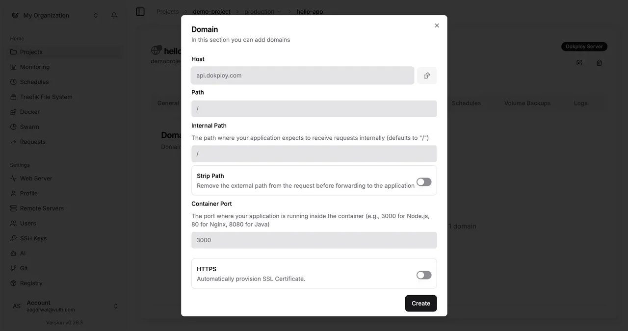 Dokploy add domain button in application domains tab