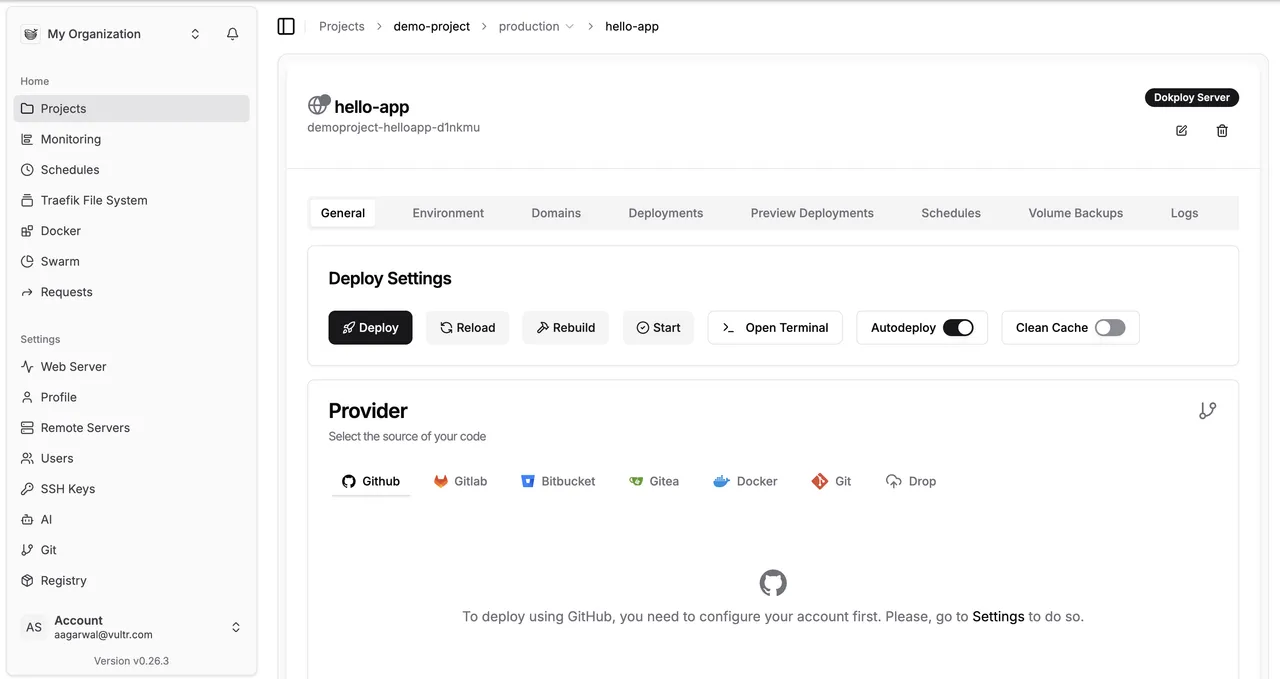 Dokploy application general settings showing source provider and repository fields