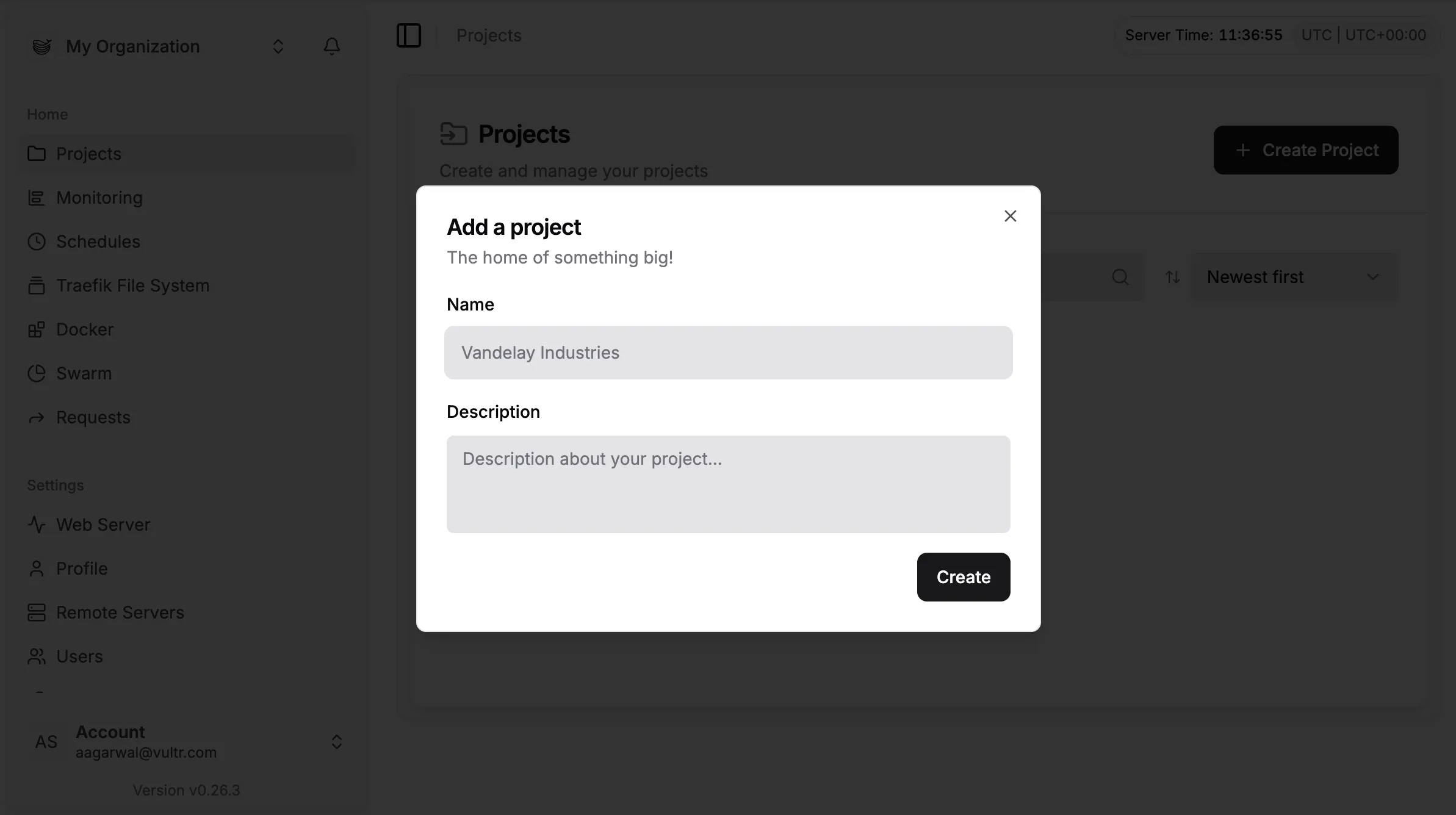 Dokploy dashboard project creation button