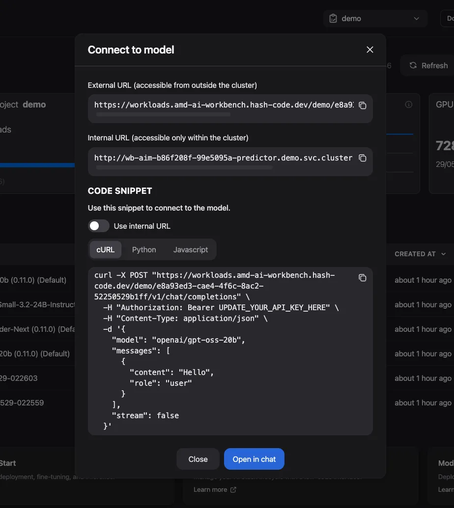 Connect to Model Dialog