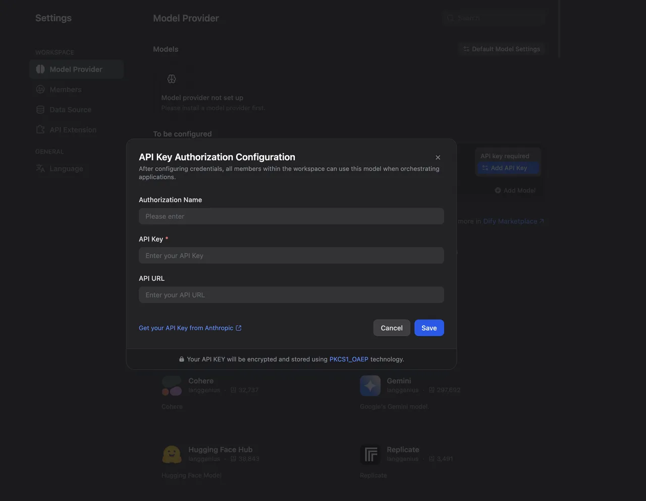 Dify model provider credential panel with the API key field