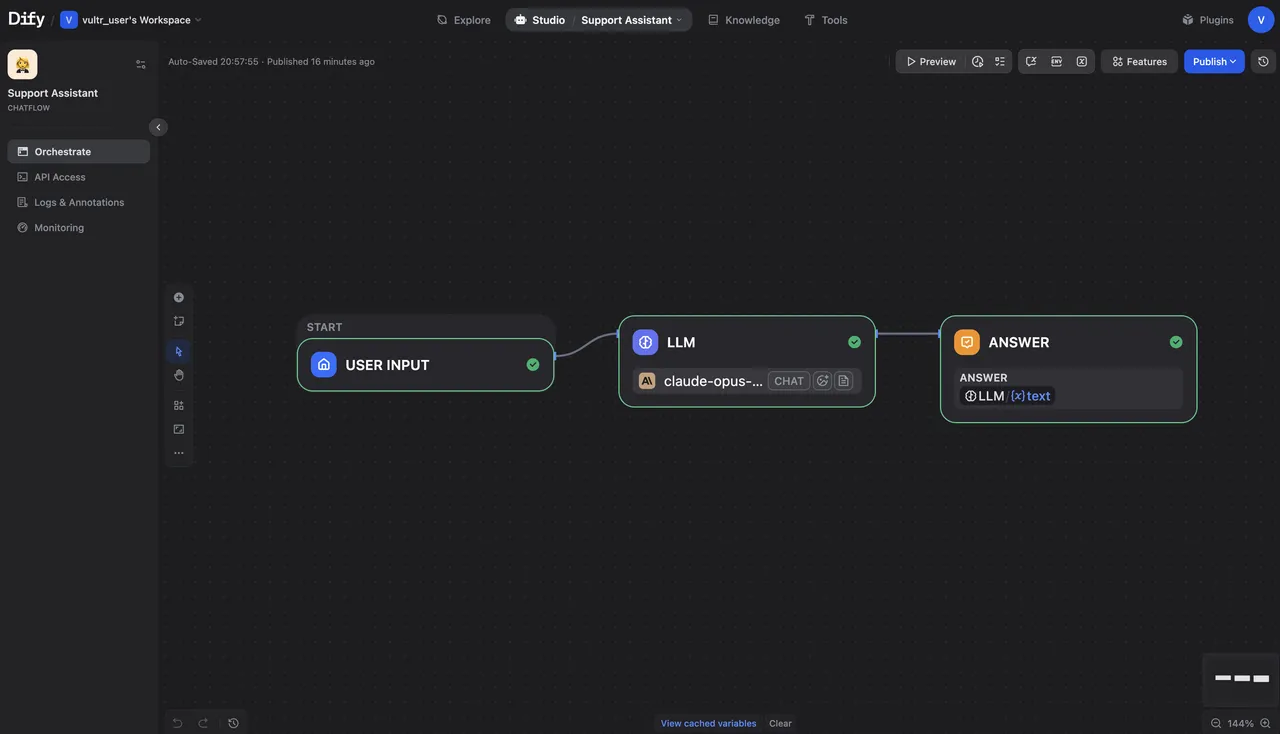 Dify chatflow Start, LLM, and Answer nodes connected on the canvas