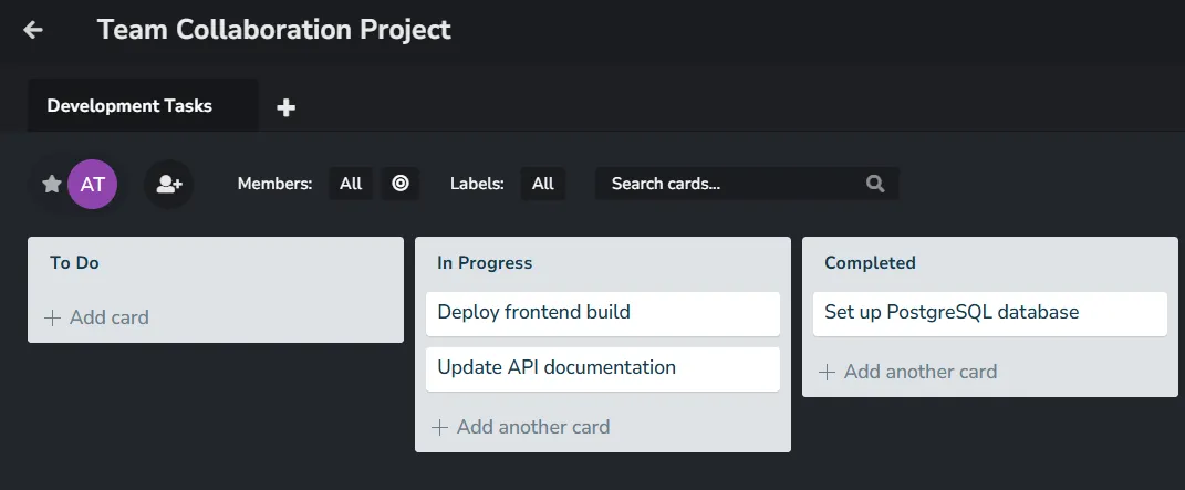 Planka Kanban board with lists and task cards