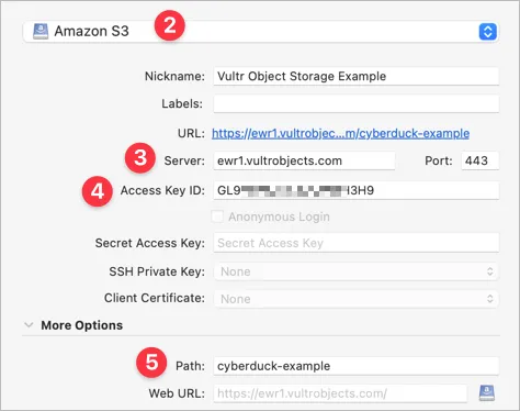 Screenshot of Cyberduck Bookmark editor