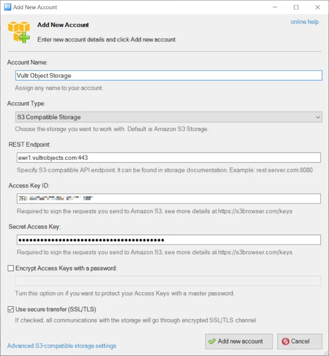 S3 Browser configuration screen