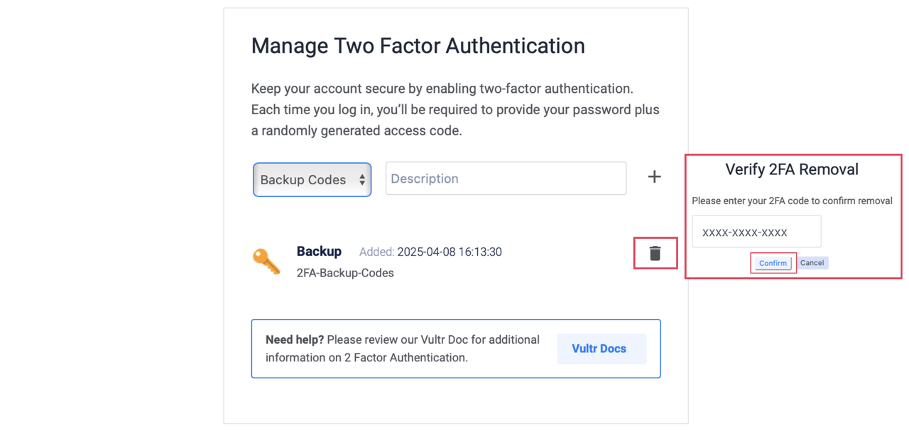 Delete emergency backup codes