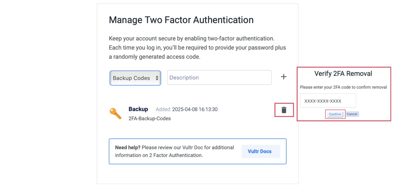 Delete emergency backup codes
