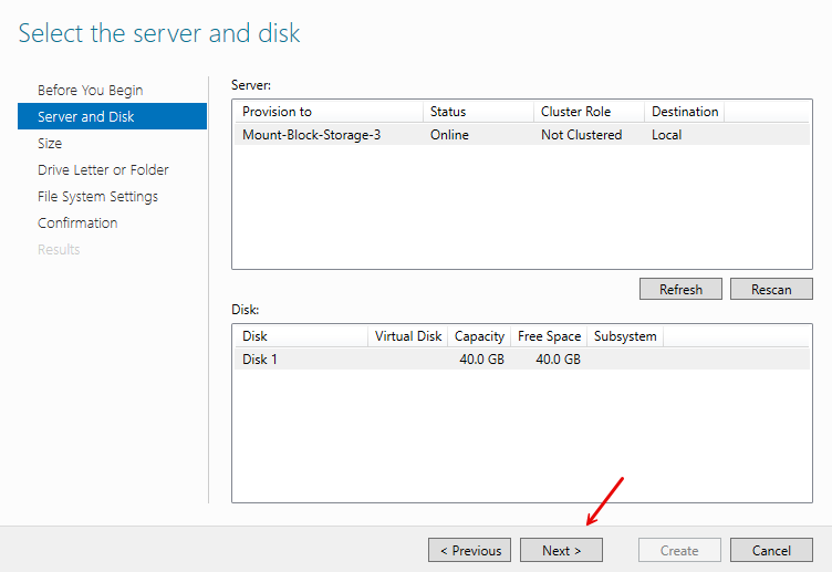 Select the Windows Server and Block Storage Volume