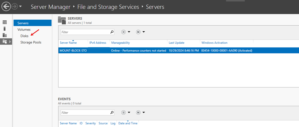 Click Disks in the Windows Server Manager