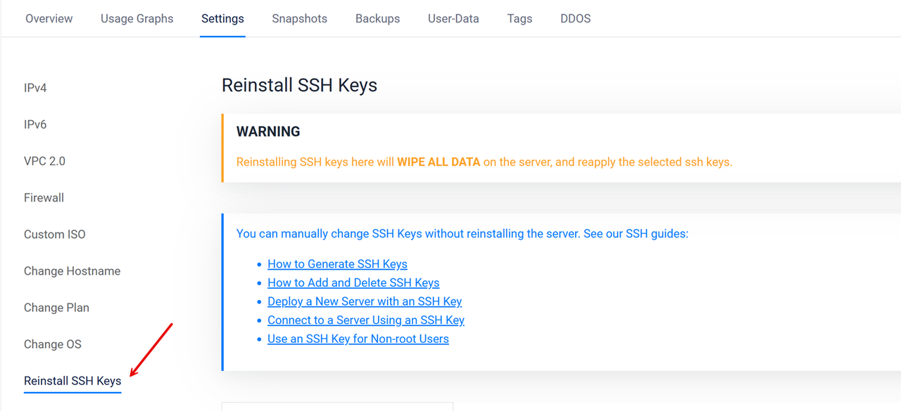 Access the Reinstall SSH Keys option