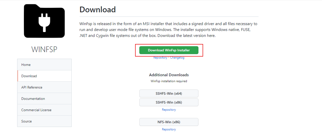 Download the WinFsp Installer for Windows