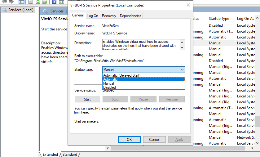Set the VirtIO-service type