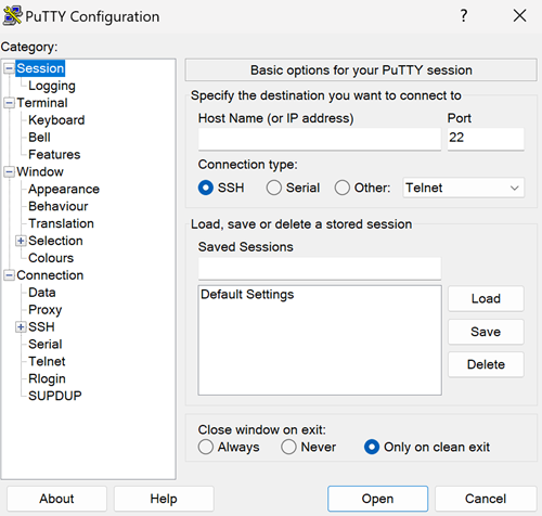 Open the default Putty configuration