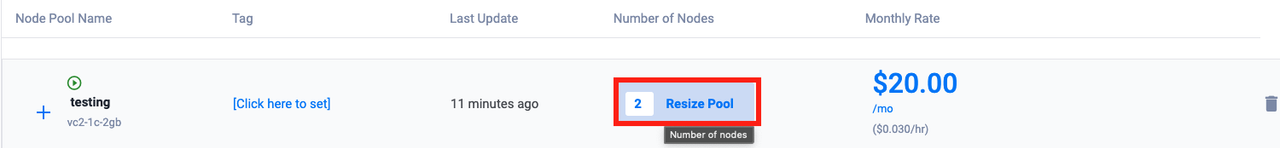 Button to open the menu for increasing number of nodes in a node pool