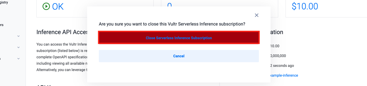 Dialog box to confirm the service deletion