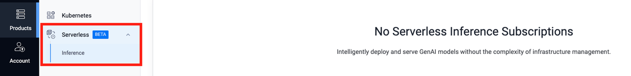 Serverless Inference option in products menu
