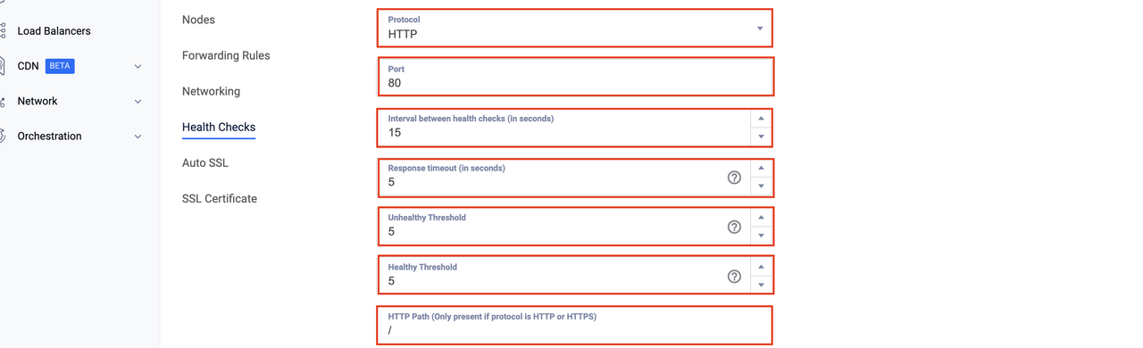 Fields to configure Health Checks for the Load Balancer