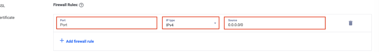 Fields to add a new firewall rule to the Load Balancer