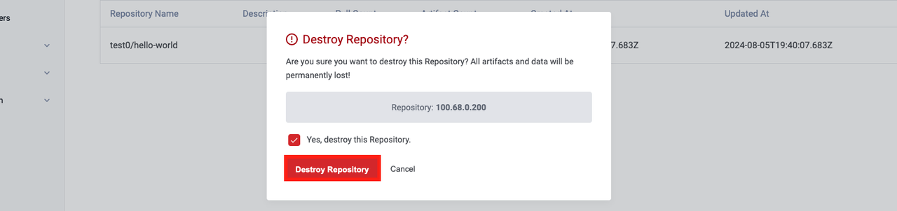 Button to confirm the deletion of the repository