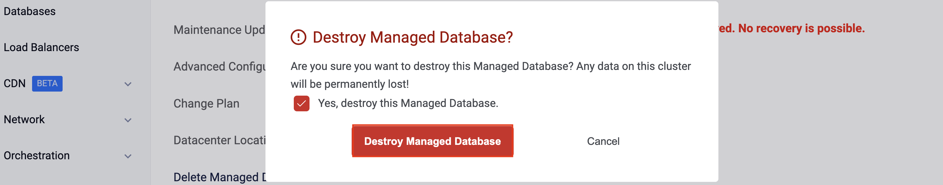 Confirmation to delete the database