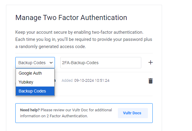 Add Two-factor Backup Codes