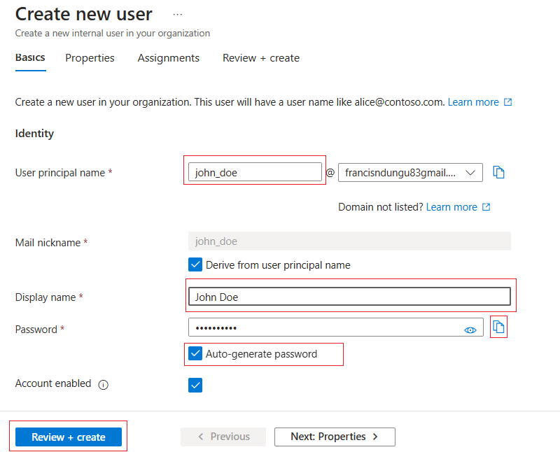 Enter Azure User's Details