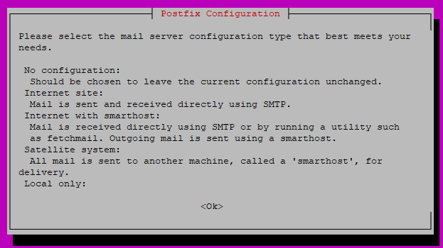 Postfix package configuration screen