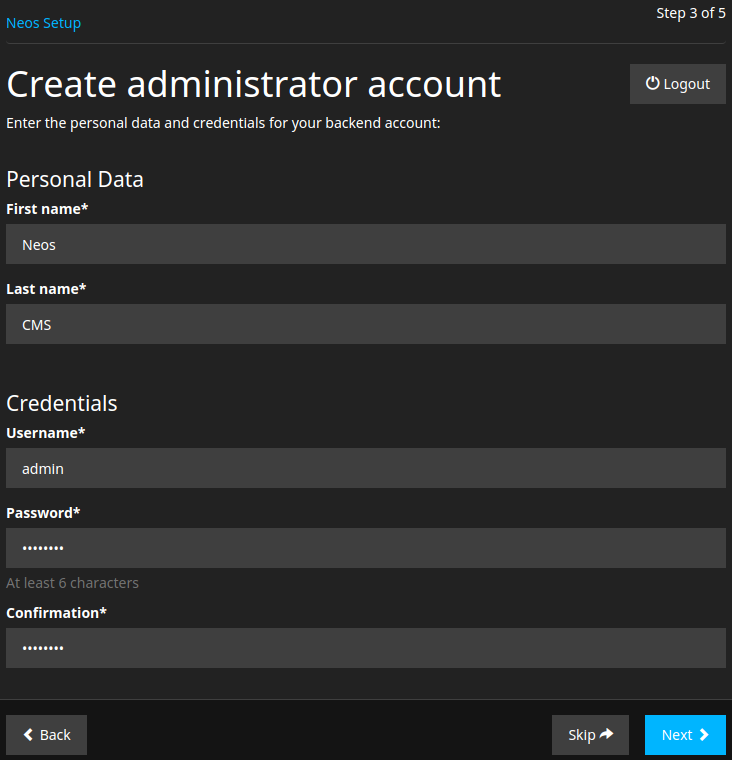 Neos Create administrator account