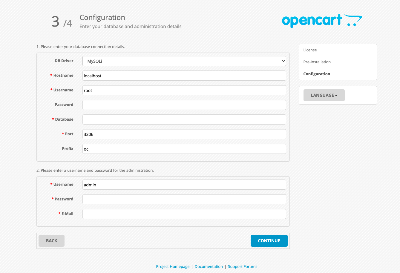 OpenCart Database Settings
