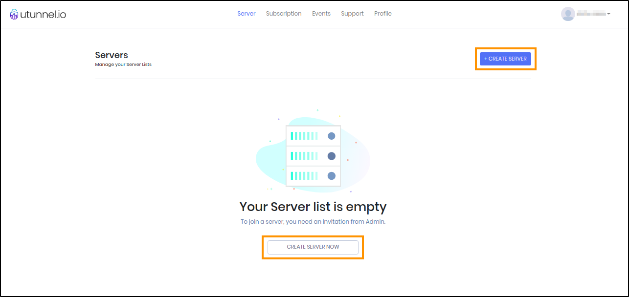 Screenshot of utunnel.io site with Create Server Now button highlighted.