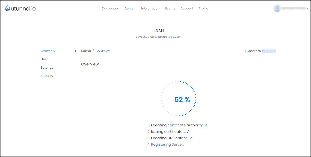 Screenshot of utunnel.io site showing test server deployment.