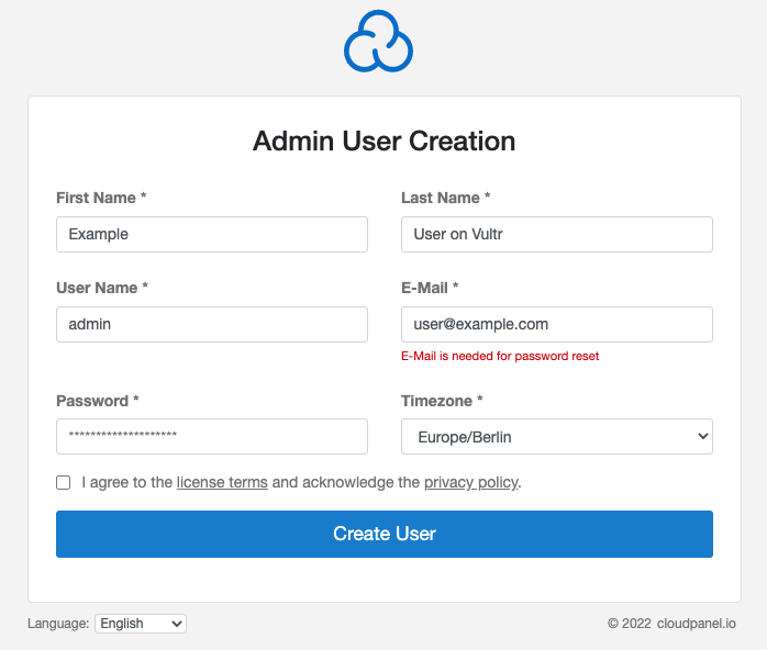 CloudPanel administrator setup