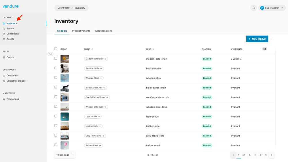 Vendure inventory page