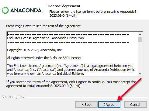 Accept the Anaconda installation license agreement