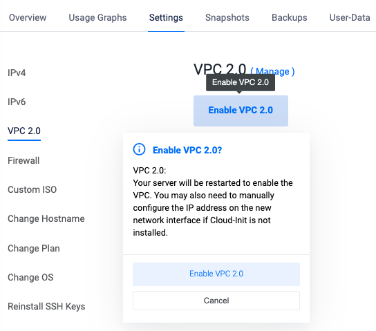 Vultr VPC 2.0 Settings Option