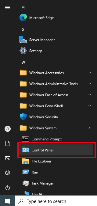 Open the Windows Control Panel from the start menu