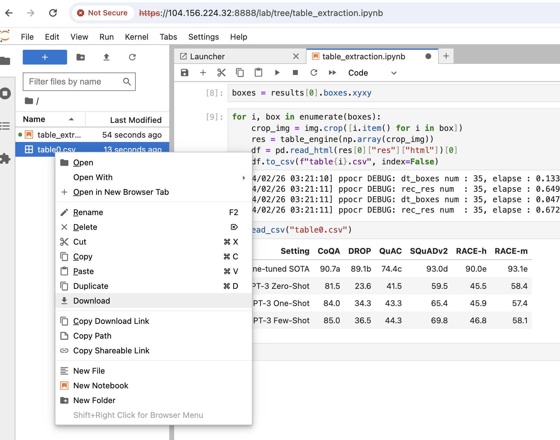 Download the generated table data csv files in Jupyter Notebook