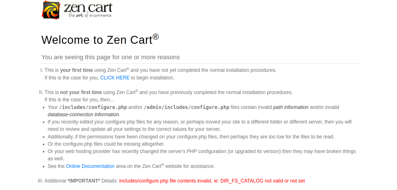 Zencart Welcome Screen