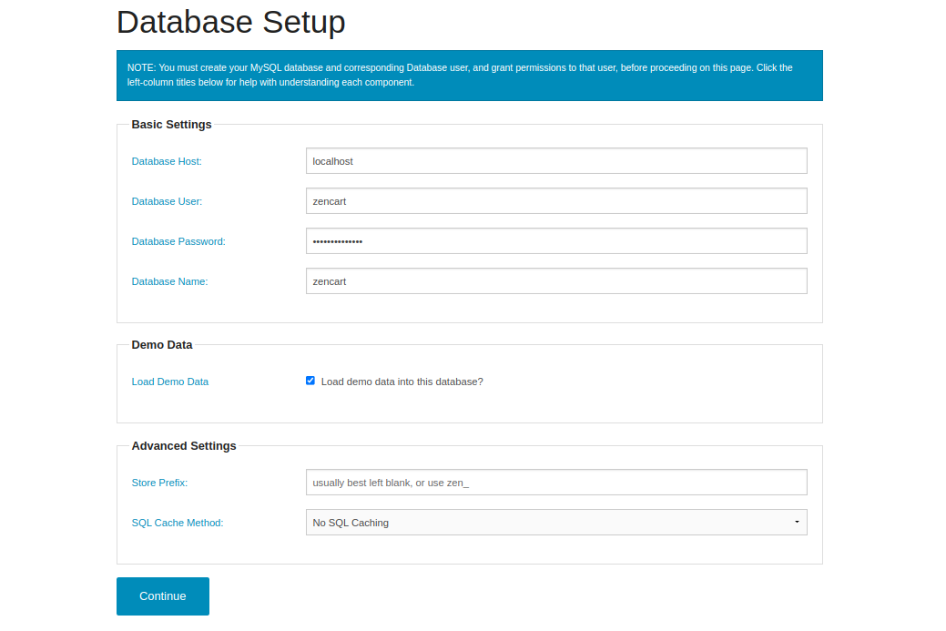 Database Setup Screen